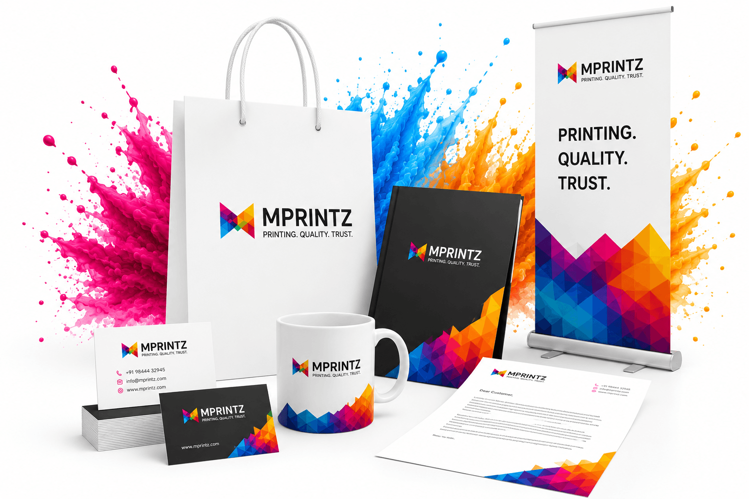 MPRINTZ branded printing products including business cards, mug, shopping bag, letterhead and roll-up banner